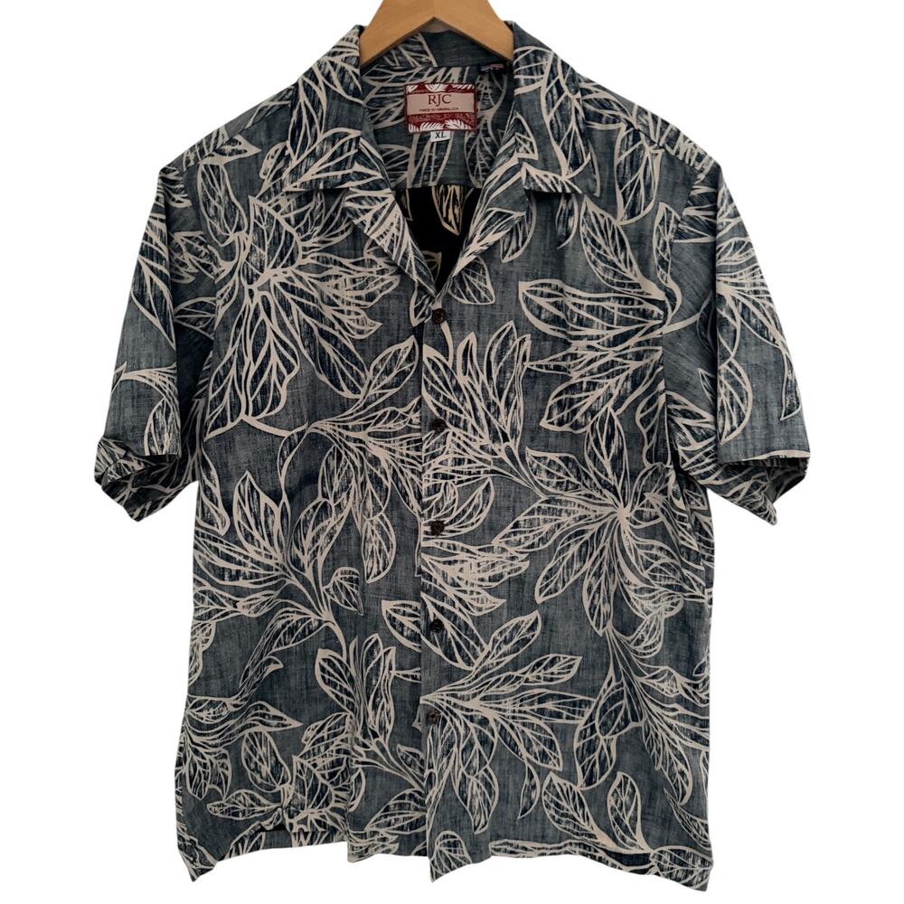 RJC Hawaiian Shirt Mens XL Gray Leaf Print Made In Hawaii Aloha Camp Shirt